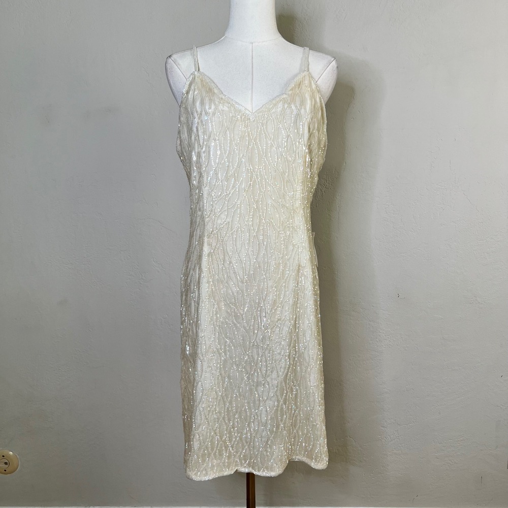 Mark & John By Gopal Dress Sequin Beaded Silk Sheath Women Size L Cream NEW
